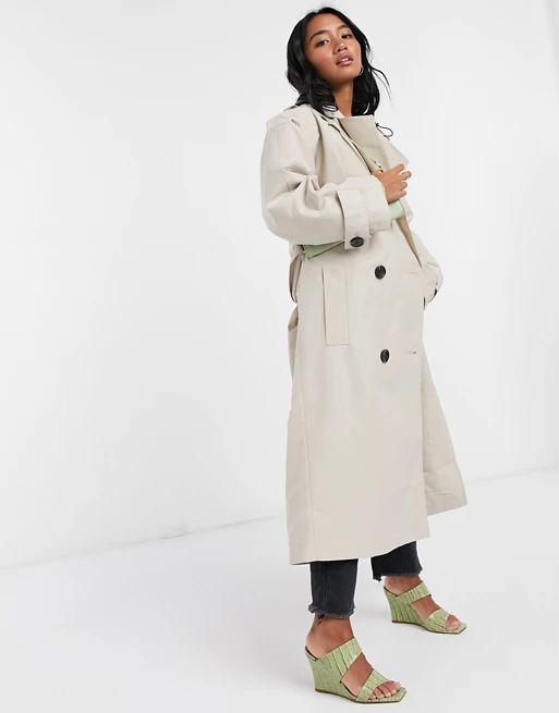 ASOS DESIGN Petite trench coat with detachable leather look hood in stone | ASOS (Global)