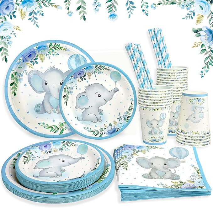 Boy Elephant Baby Shower Plates Set Decorations for 25 Guests,Paper Plate Napkins Cups and Straws... | Amazon (US)