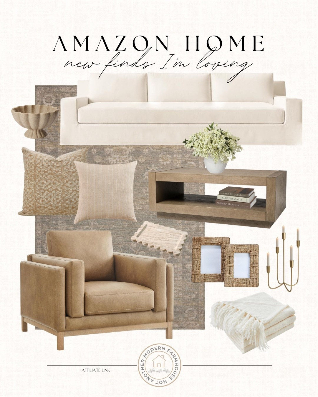 Amazon home finds I’m loving. 🤍 Neutral living room staples that look designer without the price tag. Cozy sofa, warm wood coffee table, textured pillows, layered rug, and timeless accents.

Amazon home finds, amazon living room decor, neutral home decor, modern farmhouse style, beige sofa, leather accent chair, wood coffee table, neutral area rug, woven picture frames, decorative bowl, throw pillows neutral, cozy throw blanket, gold candelabra, affordable home decor, designer inspired amazon, living room refresh, warm neutral palette, home styling finds. 

 #LTKHome