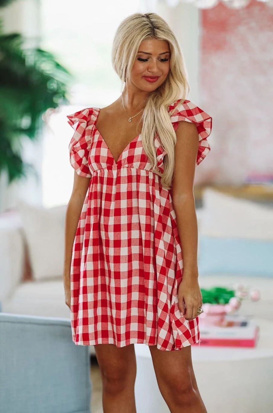 To Be Loved By You Plaid Babydoll Dress - Red and White | Hazel and Olive