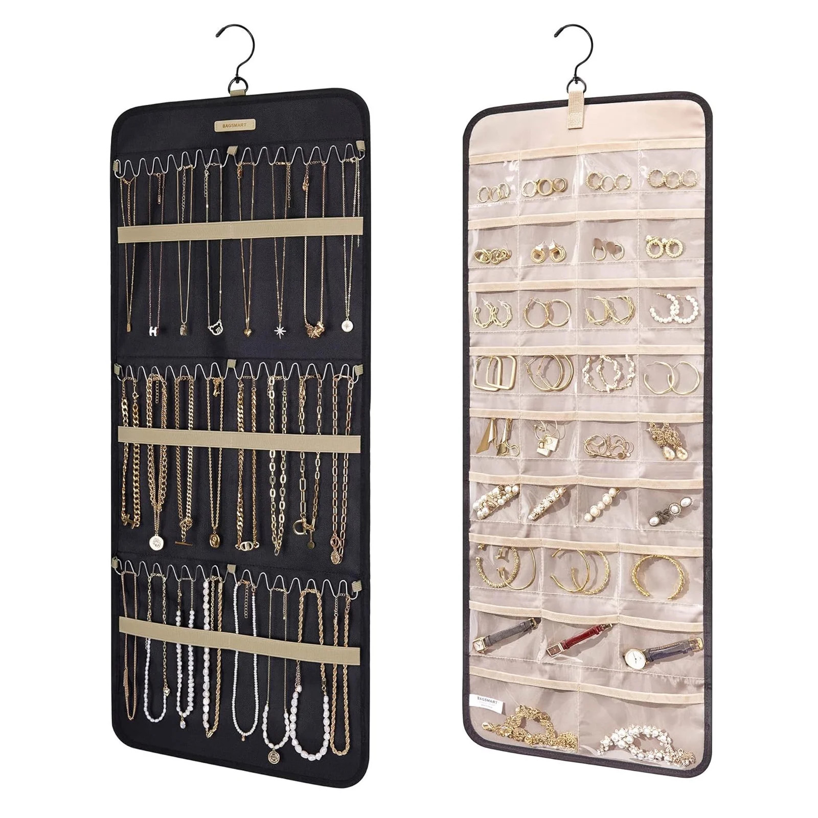 Hanging Jewelry Organizer Storage Roll with Hanger Metal Hooks Double-Sided Jewelry Holder for Ea... | Walmart (US)