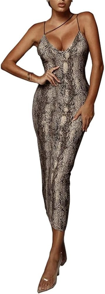 PRIMODA Women's Sexy Neon Asymmetrical Spaghetti Strap Dress Deep V-Neck Sleeveless Bodycon Midi ... | Amazon (US)