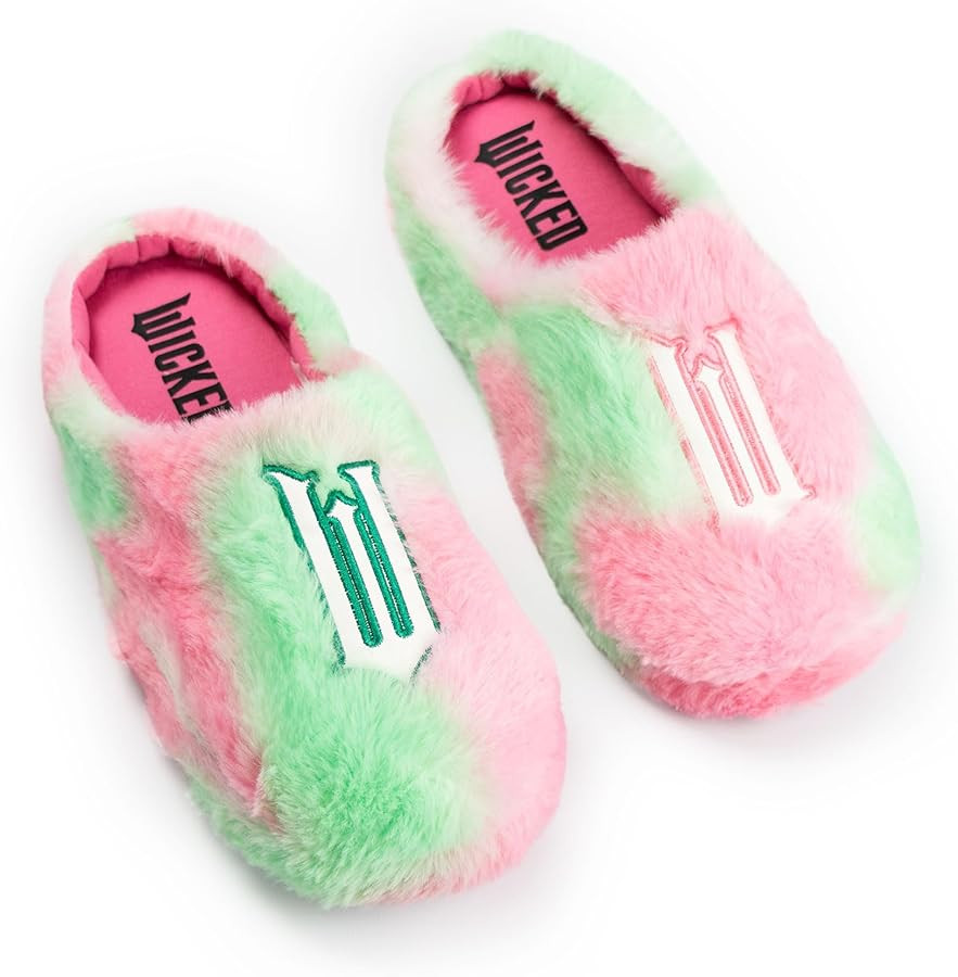 Wicked Womens Pink and Green Fluffy Mule Slippers | Logo Initial 'W' Design for Indoor Lounging |... | Amazon (UK)