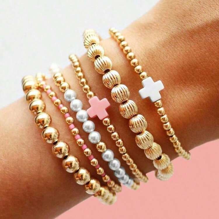 Golden Beaded Bracelets For Women Non Tarnish Gold Bracelet Stack Jewelry Sets Paperclip Cross Pe... | SHEIN