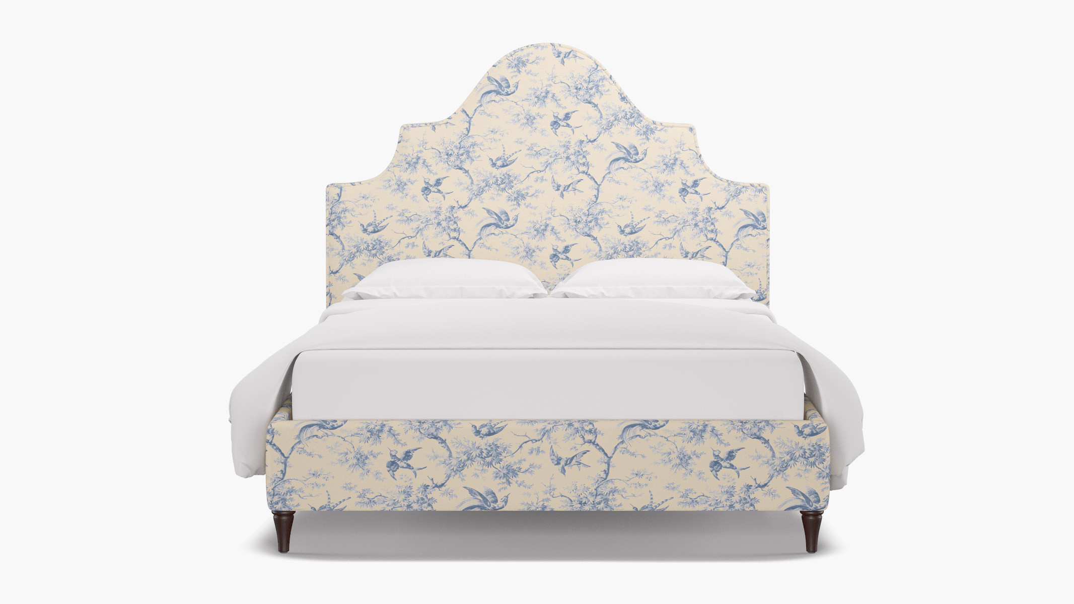 Statement Bed, Blue Swallows, Espresso Decorative Tapered Leg, Queen - The Inside | Havenly | Havenly