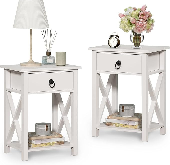 JAXSUNNY White Nightstands Set of 2, X-Design Modern Side Table with Drawer and Storage Self, Bed... | Amazon (US)