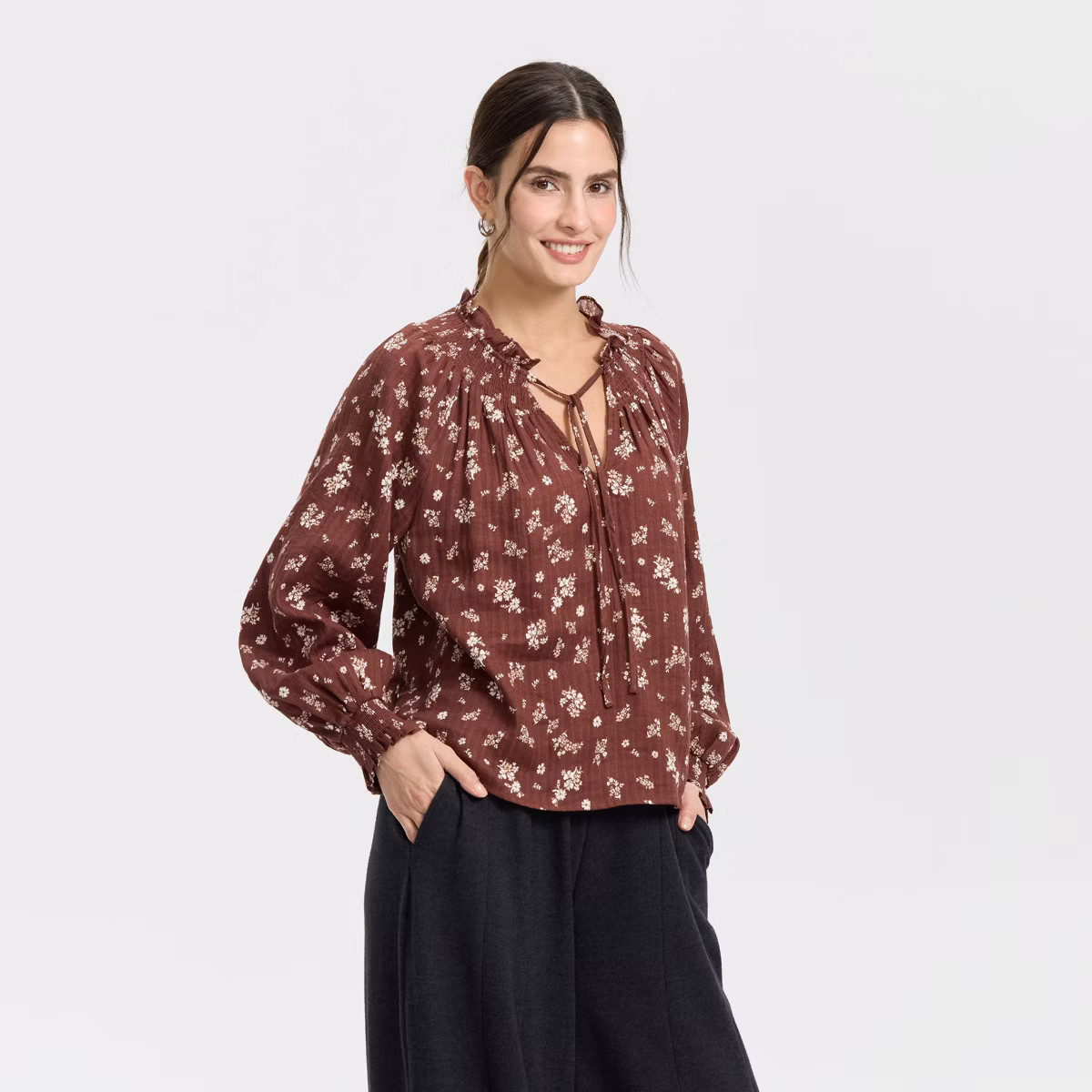 Women's Bishop Long Sleeve Smocked Blouse - Universal Thread™ Brown Floral M | Target