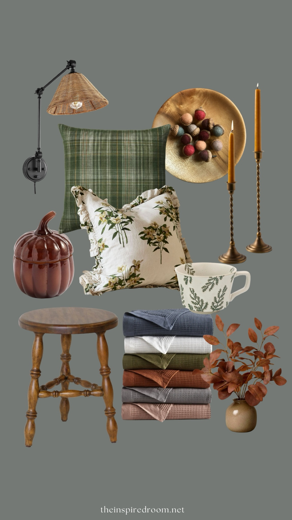 Fall home decor - plaid green pillow, floral pillow, mug, brass candlesticks, wood stool, waffle knit blanket, faux foliage plant, woven shade wall sconce, wool felted acorns, pumpkin candle 

#LTKHome #LTKSeasonal #LTKStyleTip