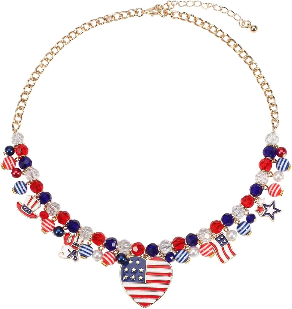 4th of July Patriotic Crystal Necklace Red White Blue Heart Star Butterfly Pendant Necklace Jewel... | Amazon (US)
