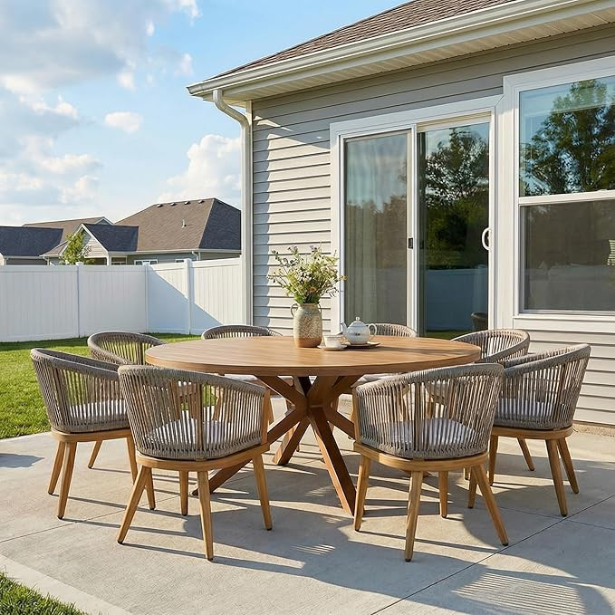 PURPLE LEAF 9-Piece Patio Dining Set with Cushions All-Weather Wicker Deep Teak Round Table and C... | Amazon (US)