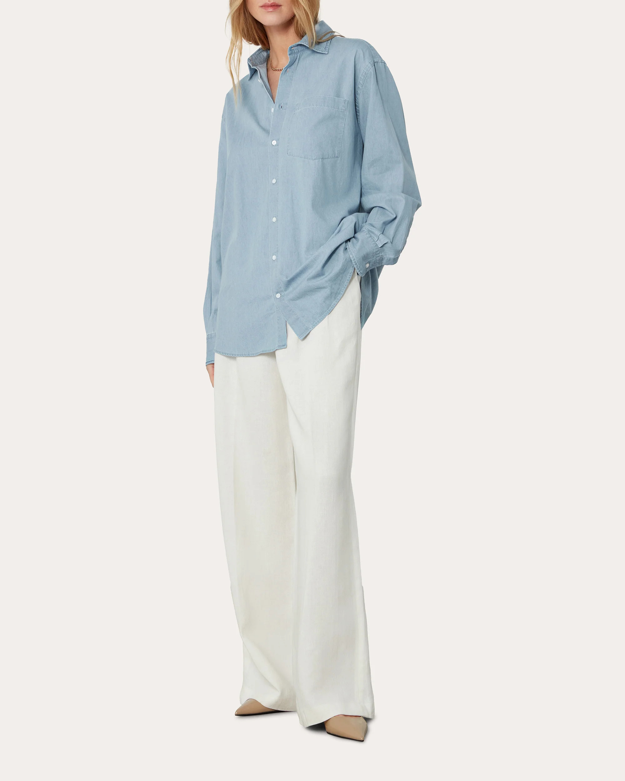 With Nothing Underneath Women's The Oversized Chambray Shirt in Light Blue Cotton | Olivela