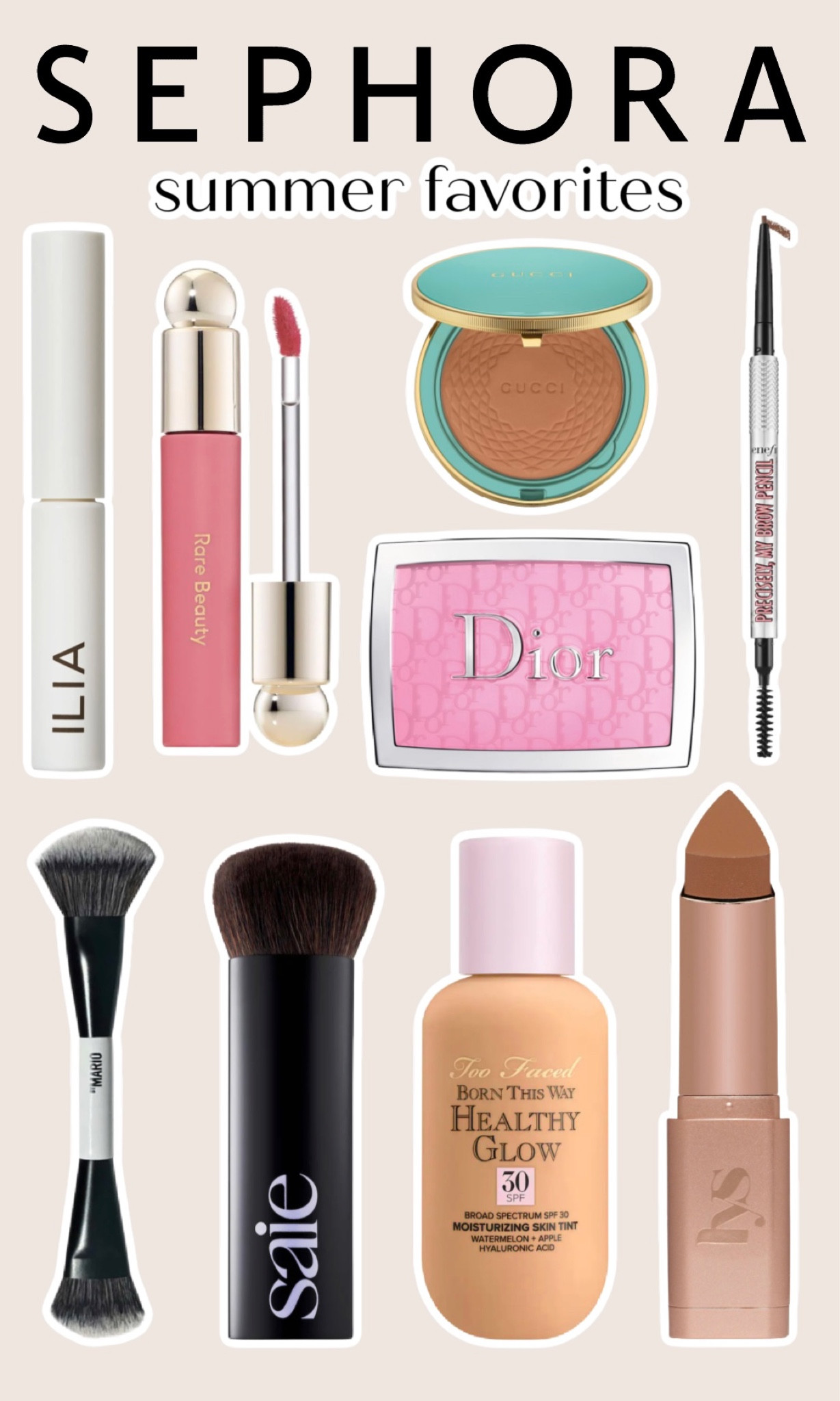 Here are my current @sephora summer beauty favorites!!  All of my shade colors are listed below in case that’s helpful!!💕 #SephoraHaul #SephoraPartner

Too Faced Healthy Glow Skin Tint - Natural Beige
Gucci Bronzer - 03
LYS Contour Stick - Harmony
Dior Blush - 001 Pink
Benefit Precisely Eyebrow Pencil - 4.5
Rare Beauty Tinted Lip Oil - Hope

#LTKSeasonal #LTKbeauty #LTKFind