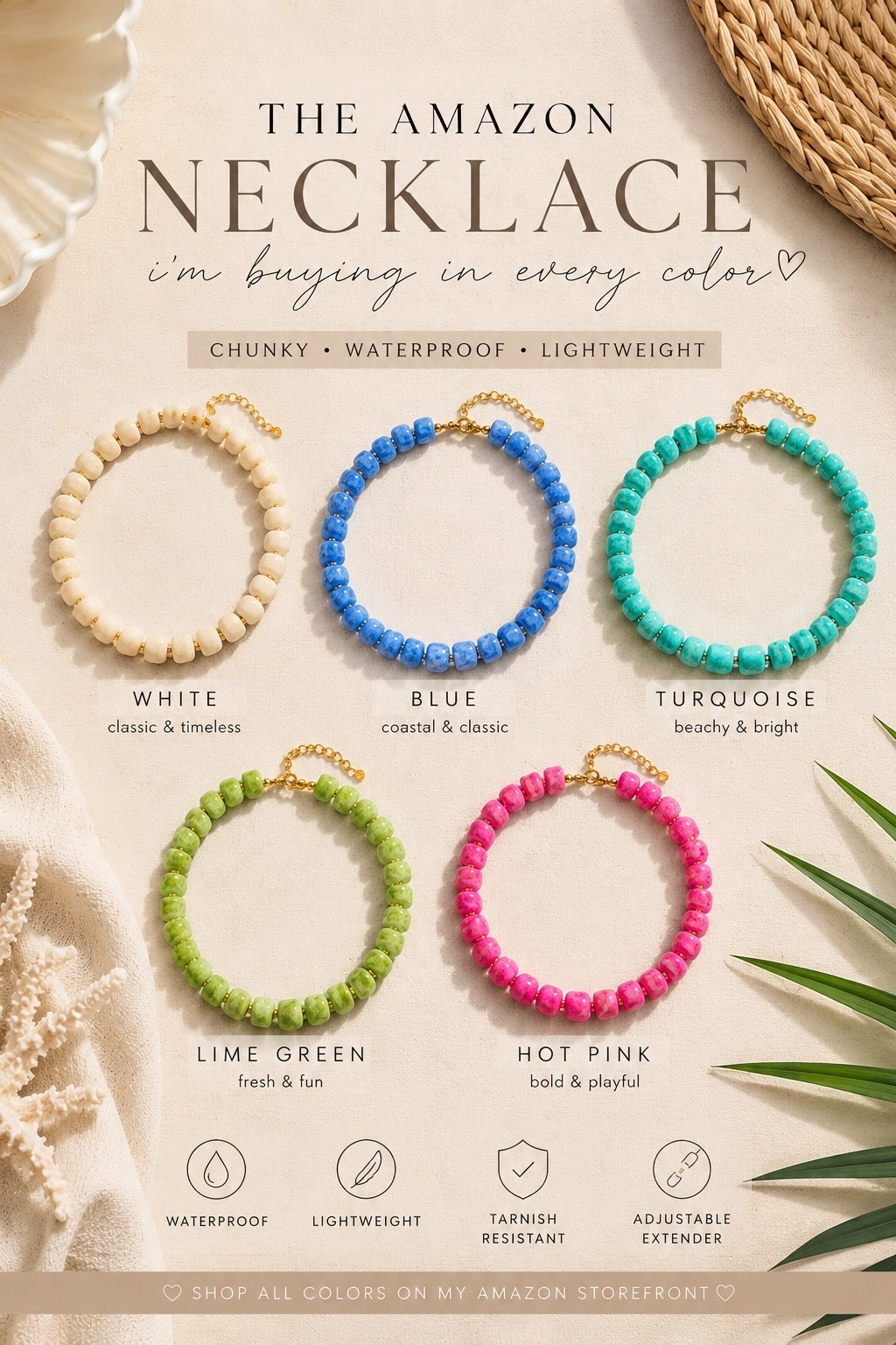 The Amazon necklace I’m wearing on repeat. 🤍🐚 I started with the cream color… and now I’m convinced I need every single one. 😂 

ON SALE FOR PRIME DAY!!!! UNDER $15

They’re lightweight, adjustable, and the perfect statement piece for summer—whether you’re wearing a linen set, a simple white tee, or your favorite swimsuit cover-up.

I linked all of my favorite colors on my Amazon Storefront! Which one are you grabbing first? 💙🩵💚🩷

#AmazonFashion #AmazonFinds #SummerStyle #CoastalStyle #StatementJewelry #BeachStyle #WhatLoLoves

#LTKgrwm #LTKootd #LTKSaleAlert