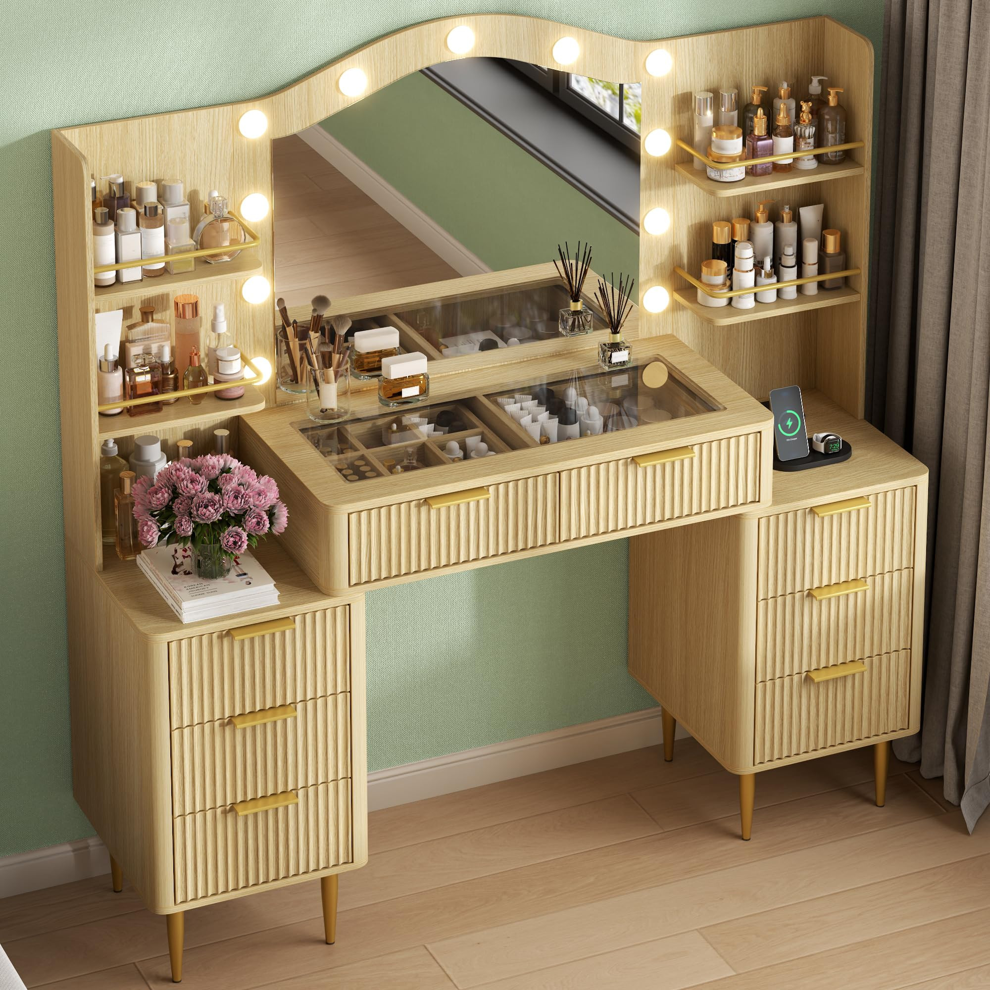 55” Fluted Makeup Vanity Desk with Mirror, Vanity Table w/ Glass Top, Power Outlet and 11 Light... | Amazon (US)