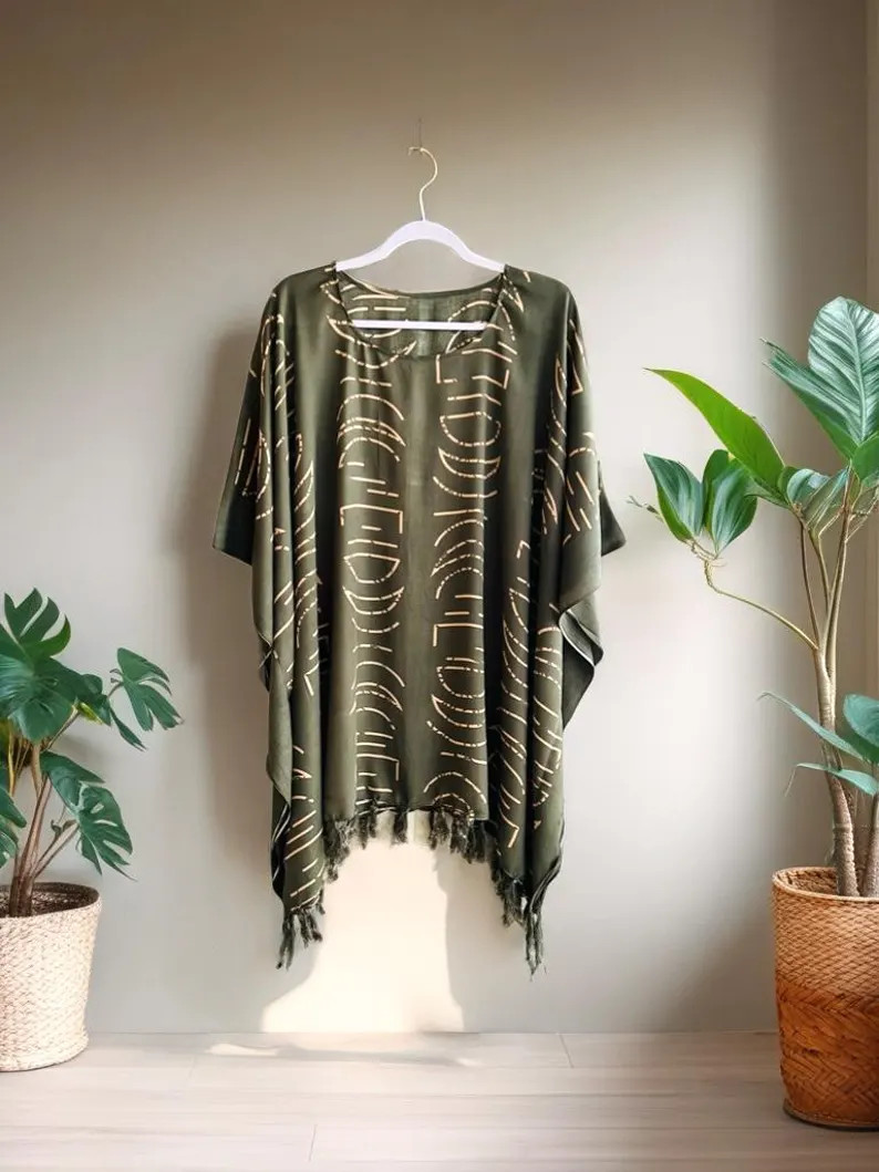 0093/ Army Green Poncho With Fringes, Boho Top, Swim cover up, Beach Cover up, Summer Style, Tuni... | Etsy (Global)