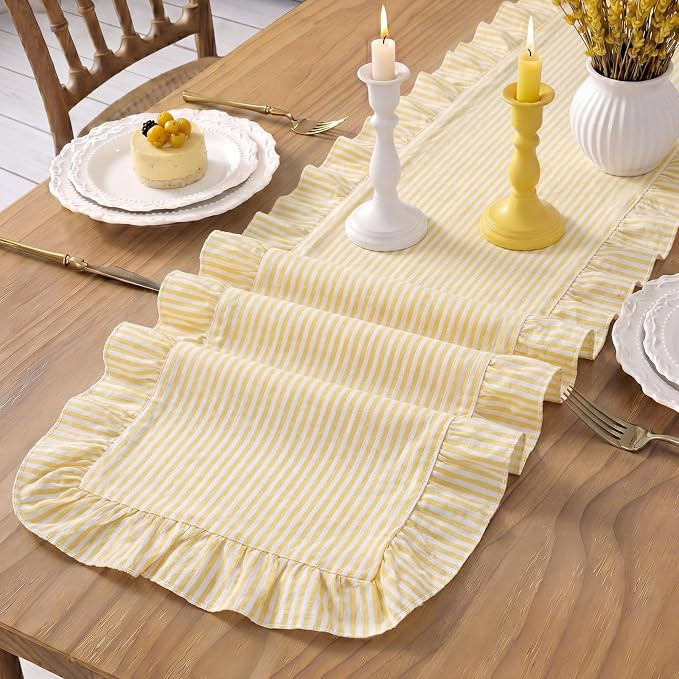 Yellow Stripe Ruffled Table Runner 72 Inches Long Scalloped Table Runner Rustic Cotton Tabletop F... | Amazon (US)