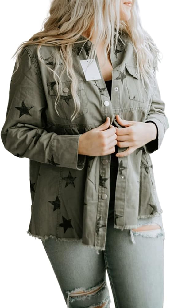 Bellesumyee Women's Casual Distressed Frayed Hem Jean Jacket Shacket Star Print Vintage Long Slee... | Amazon (US)