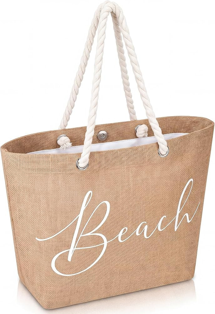 Huhumy Jute Beach Bag for Woman Boho Beach Shoulder Tote Bag with Cotton Handles Modern Waterproo... | Amazon (US)