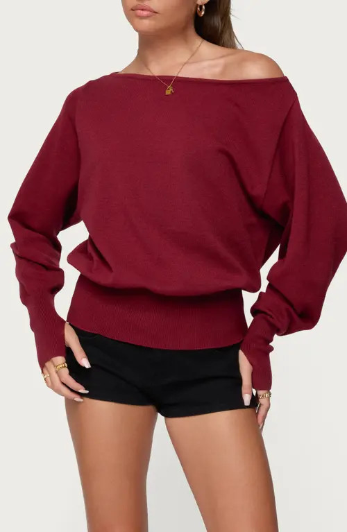 EDIKTED Oversize Off the Shoulder Sweater in Burgundy at Nordstrom, Size Large | Nordstrom