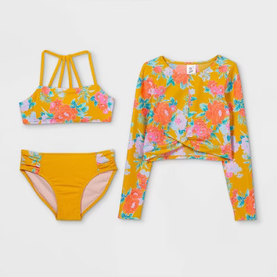 Girls' Floral Print 3pc Bikini Set - art class™ Gold | Target