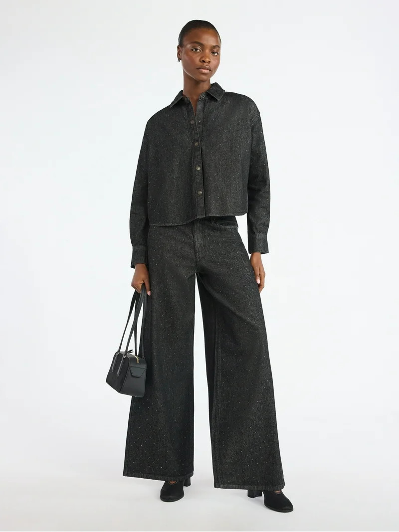 Scoop Women’s and Women’s Plus Rhinestone Embellished Wide Leg Jeans, Sizes 0-26W | Walmart (US)