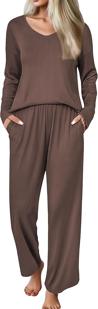 Ekouaer Womens Pajama Set Ribbed Knit PJs 2 Piece Lounge Set Long Sleeve Top and Pants Comfy Slee... | Amazon (US)