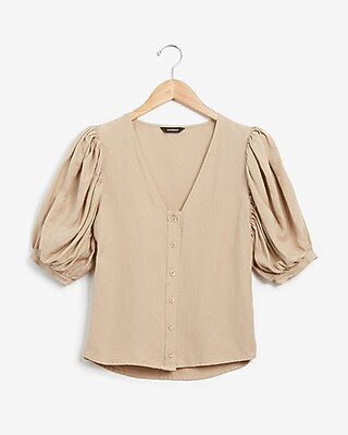 Linen-Blend Puff Sleeve Top | Express