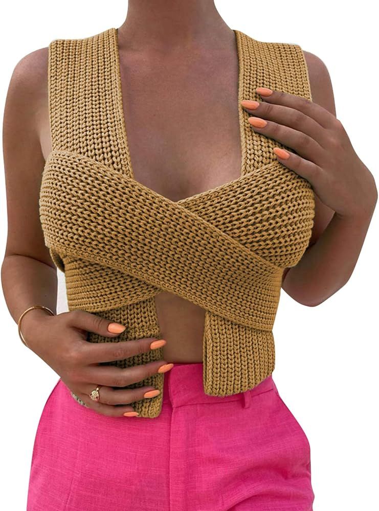 Women Y2K Knit Sweater Vest Solid Color Sweater DIY Sleeveless Crop Tank Top Vera Top Tunics Knit... | Amazon (US)