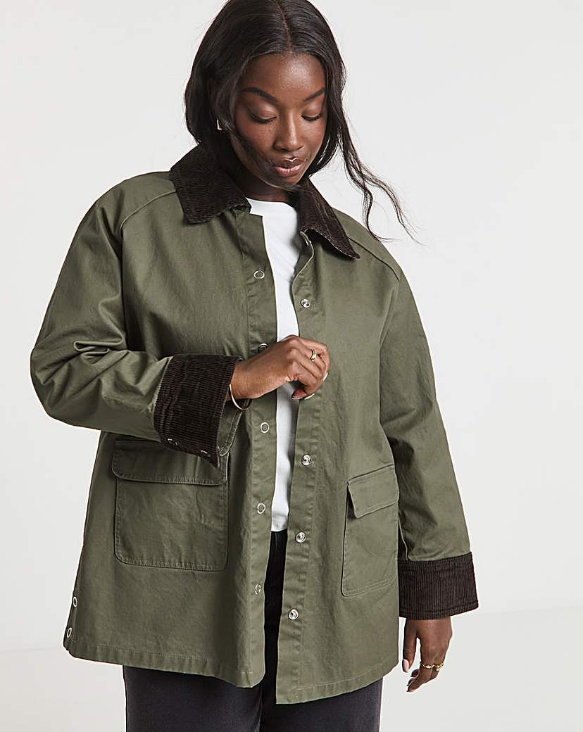 Khaki Waxed Cord Collar Barn Jacket | Simply Be | Simply Be (UK)