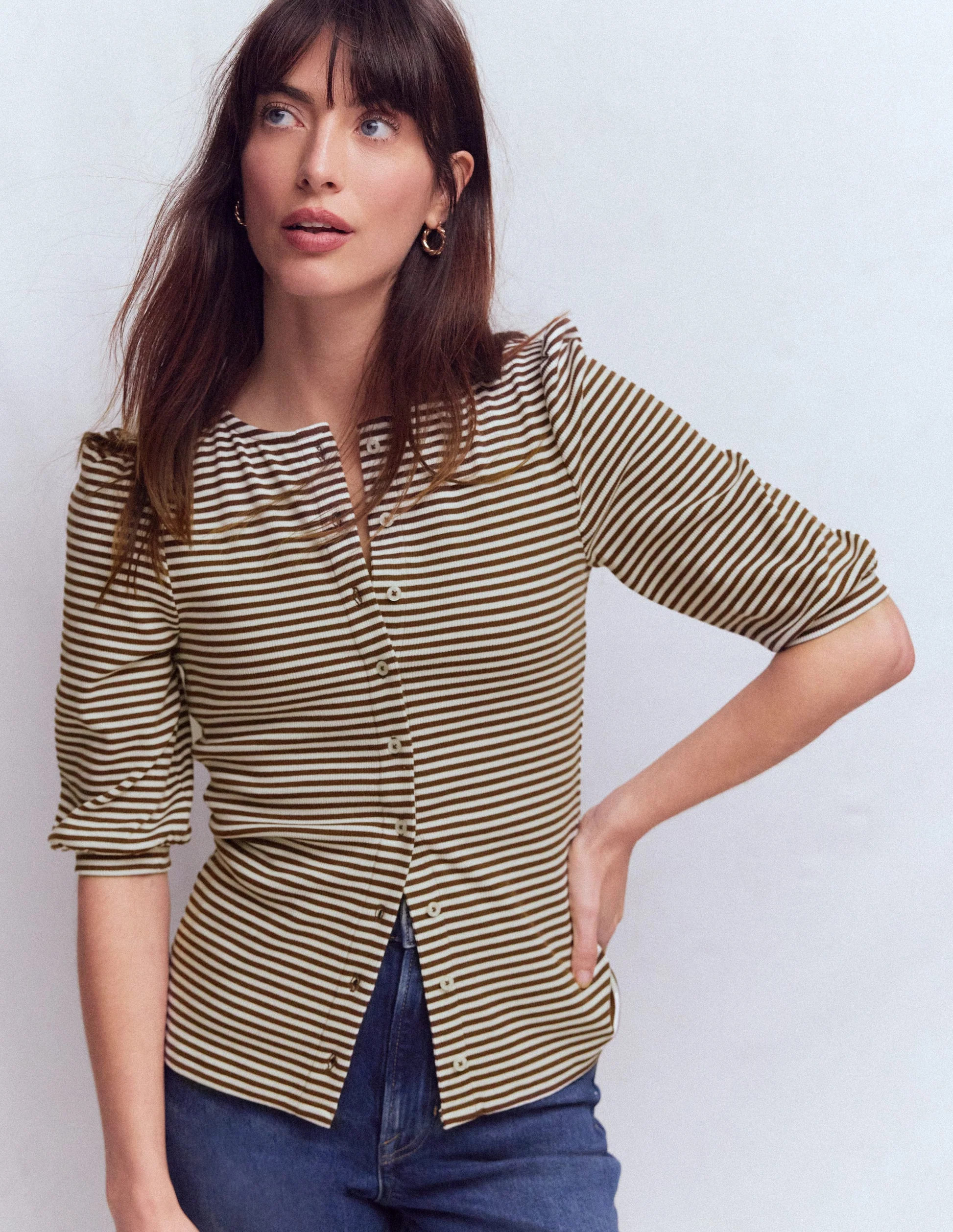 Evie Ribbed Puff Sleeve Top-Ivory, Navy Stripe | Boden (US)