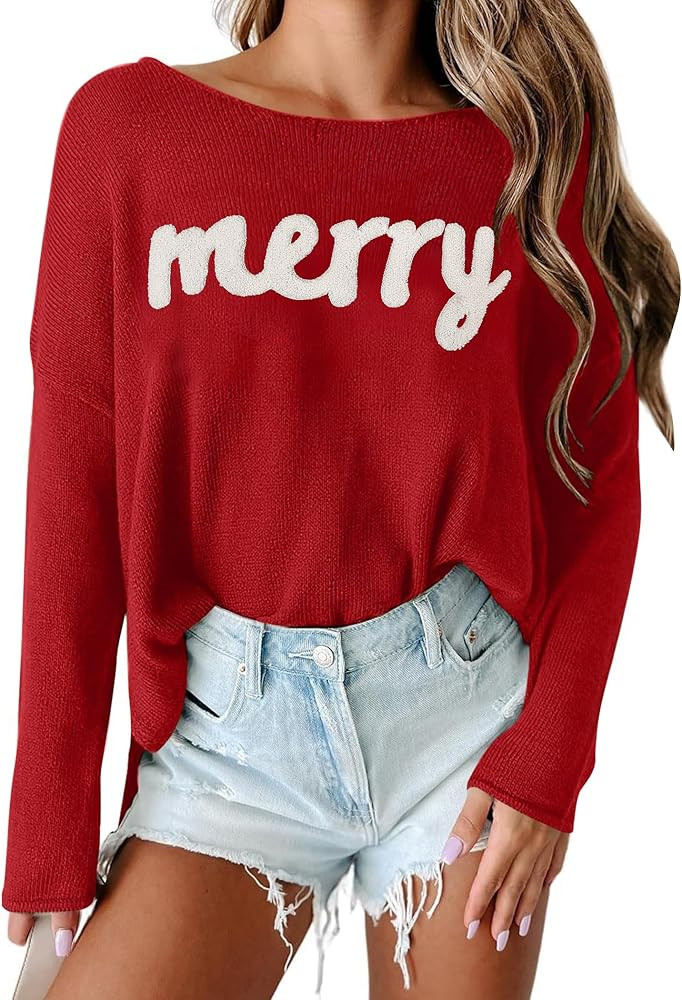 Christmas Sweater for Women Merry and Bright Sweatshirt Funny Holiday Knitted Pullover Long Sleev... | Amazon (US)