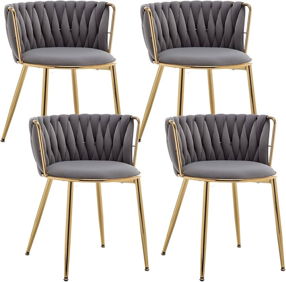 Velvet Dining Chairs Set of 4, Modern Woven Dining Chair with Metal Legs, Gold Upholstered Dining... | Amazon (US)