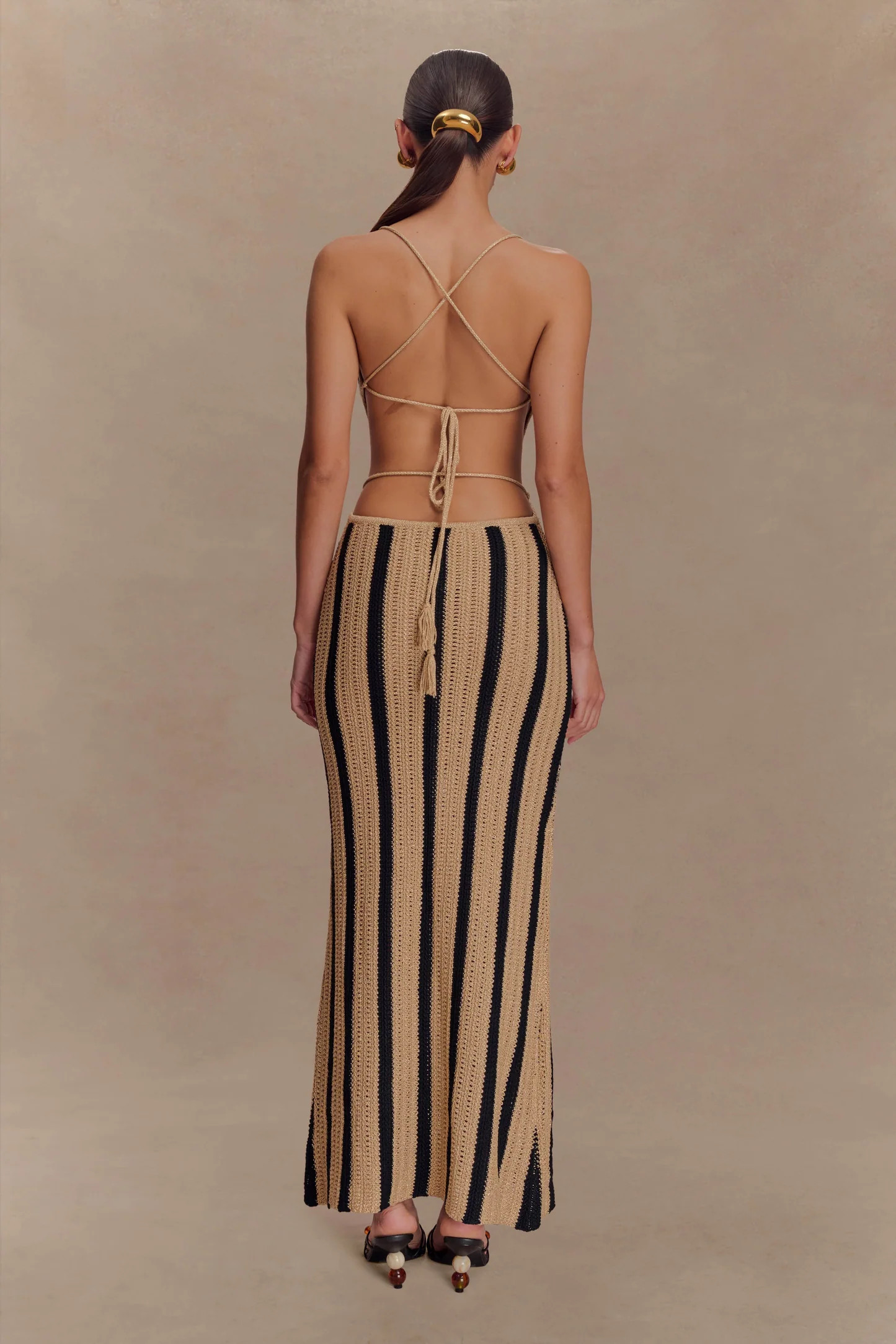 Shepherd Crochet Halter Maxi Dress - Gold/Black | MESHKI US