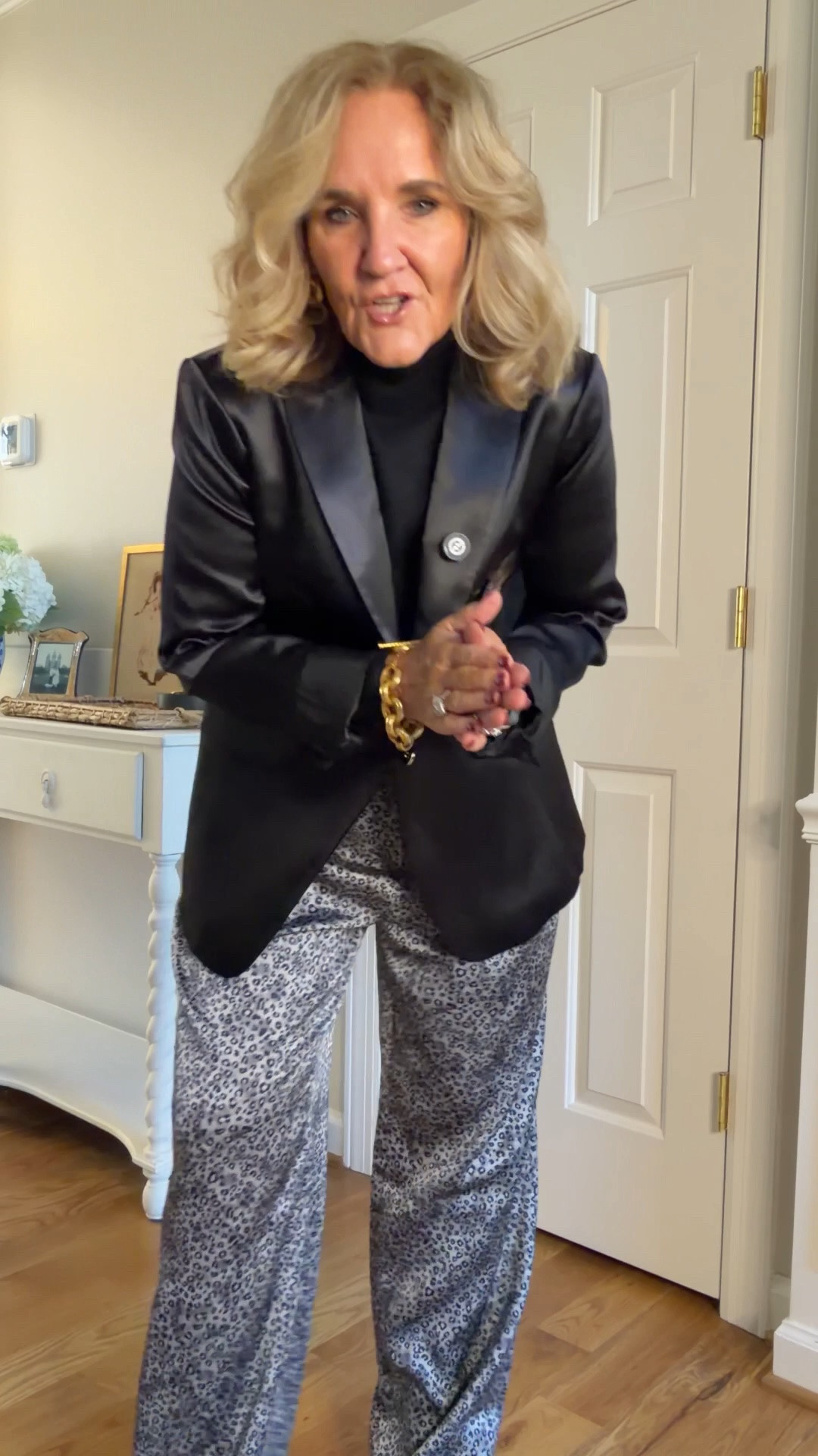 Are you ready for anything festive? This satin blazer is stunning. I am wearing an eight petite which is a size down from what I usually wear in blazers.
The satin Will trousers are a beautiful pant. I’m wearing an eight and I probably could’ve used the six. So I would recommend getting your regular size because my regular size is an eight petite or six regular. That was a mistake.

Black turtleneck size medium petite no wool no cashmere. It’s a great classic.