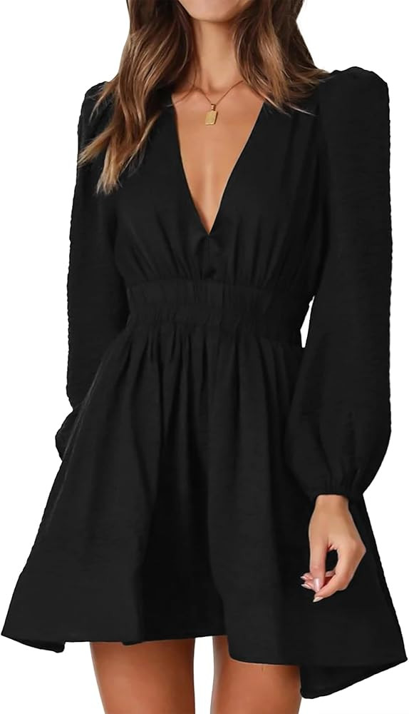 Mini Dress Deep V Sexy Dress Long Sleeve Dress for Women A-line High Waisted Casual Flowy Dress | Amazon (US)