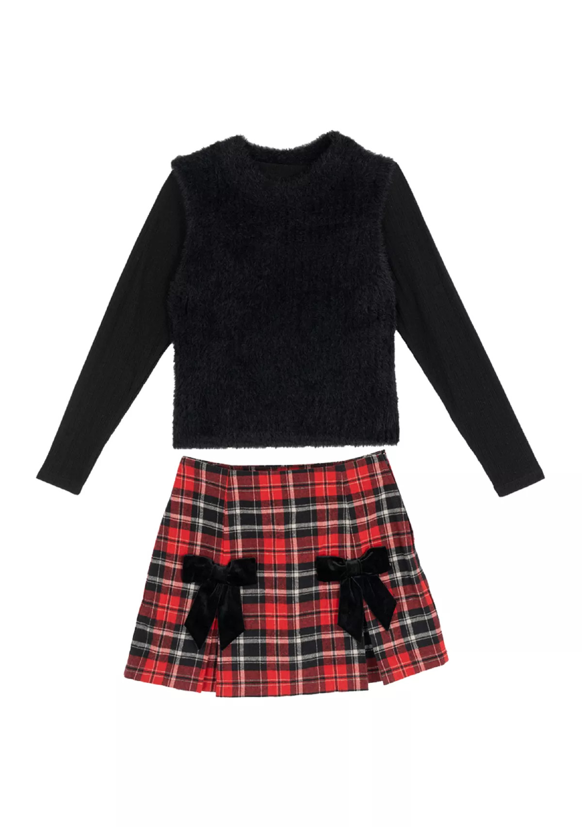 Girls 7-16 Fuzzy Sweater and Plaid Skirt Set | Belk