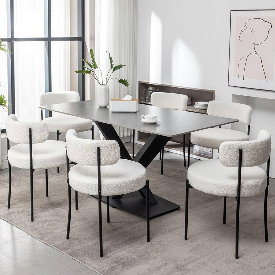 White Boucle Dining Chairs Set of 6, Upholstered Dining Room Chairs with Black Metal Legs, Round ... | Amazon (US)