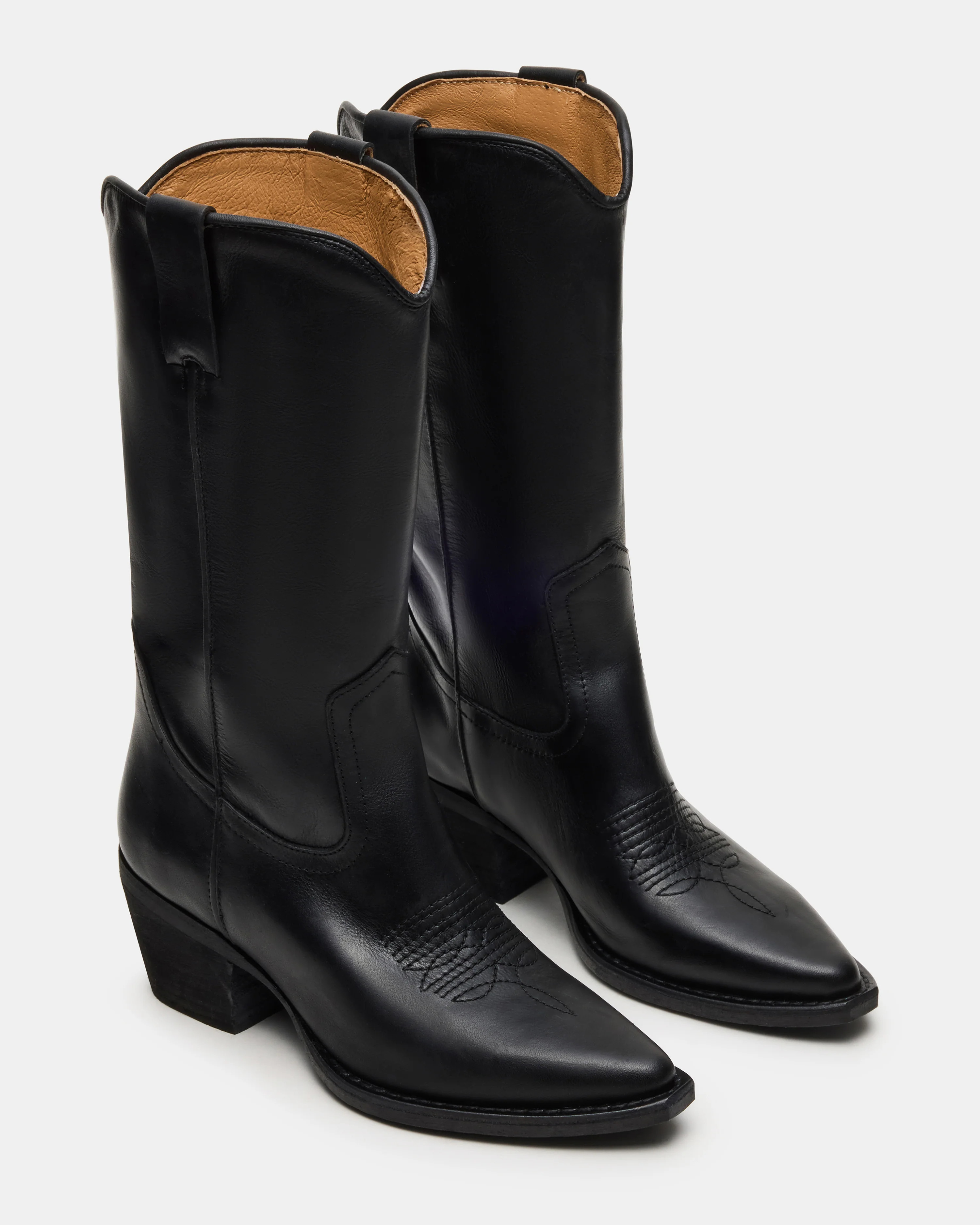 ALBANY Black Leather Pointed-Toe Western Boot | Women's Designer Boots | Steve Madden (Canada)