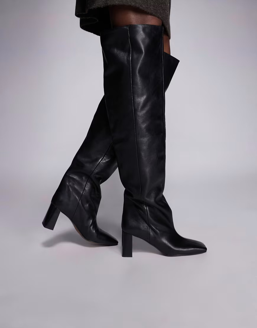 ASOS DESIGN Kane square toe slouchy over-the-knee boots in black leather | ASOS (Global)
