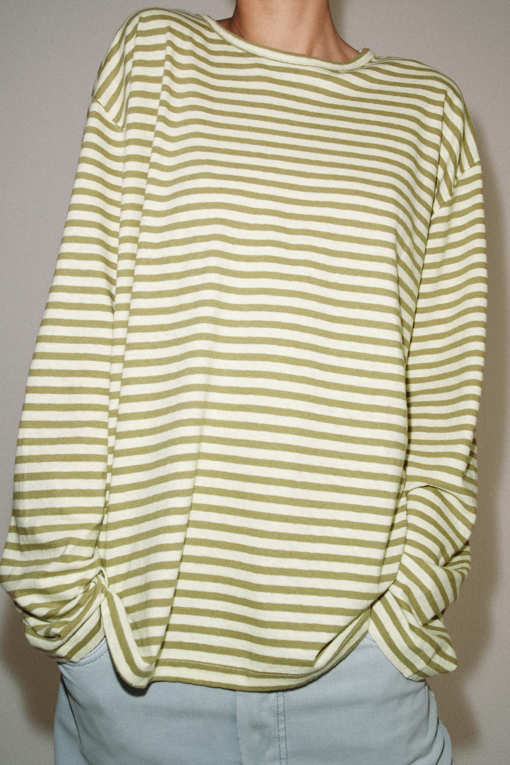 STRIPED COTTON AND LINEN T-SHIRT | Zara UK