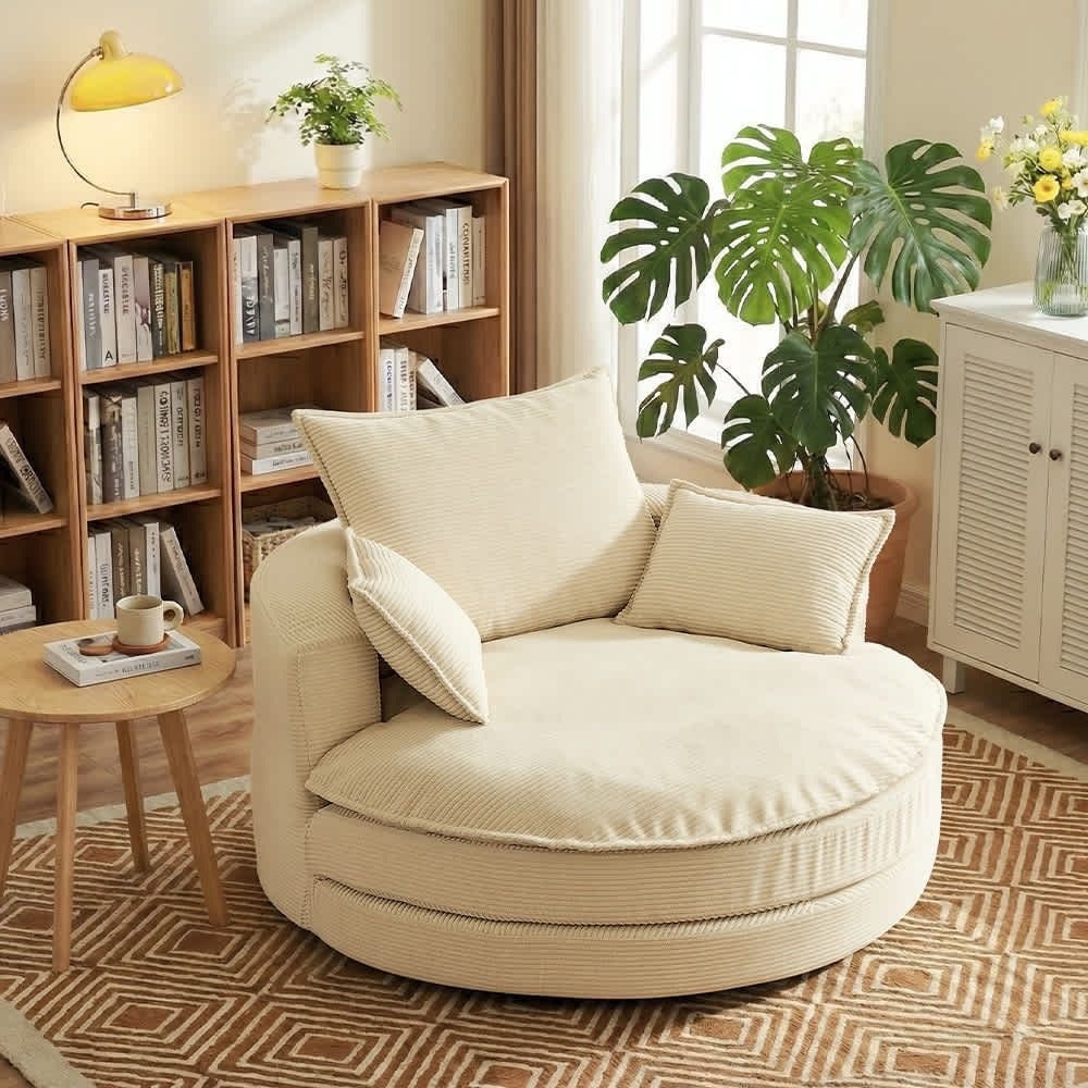 Transform your living room into the ultimate cozy retreat with the Coolbibila Oversized Beige Corduroy Swivel Sofa Chair. With its 360° swivel design and plush dual-layer cushioning, this round accent chair is perfect for lounging, reading, or relaxing with loved ones and pets. Wrapped in premium corduroy, it brings modern style, luxurious comfort, and versatility to any space.

Pair with a soft throw, decorative pillows, or a small side table to create a chic and inviting corner in your home.🌿
Tap to shop this cozy swivel chair and elevate your living space ✨🛋️

#LTKdayinmylife #LTKHome #LTKU