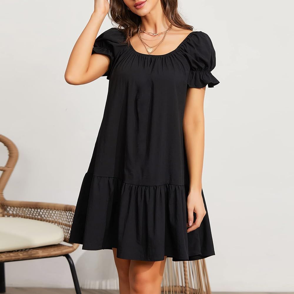 EXLURA Womens Square Neck Puff Short Sleeve Dress Off Shoulder Tiered Ruffle A-Line Babydoll Casu... | Amazon (US)