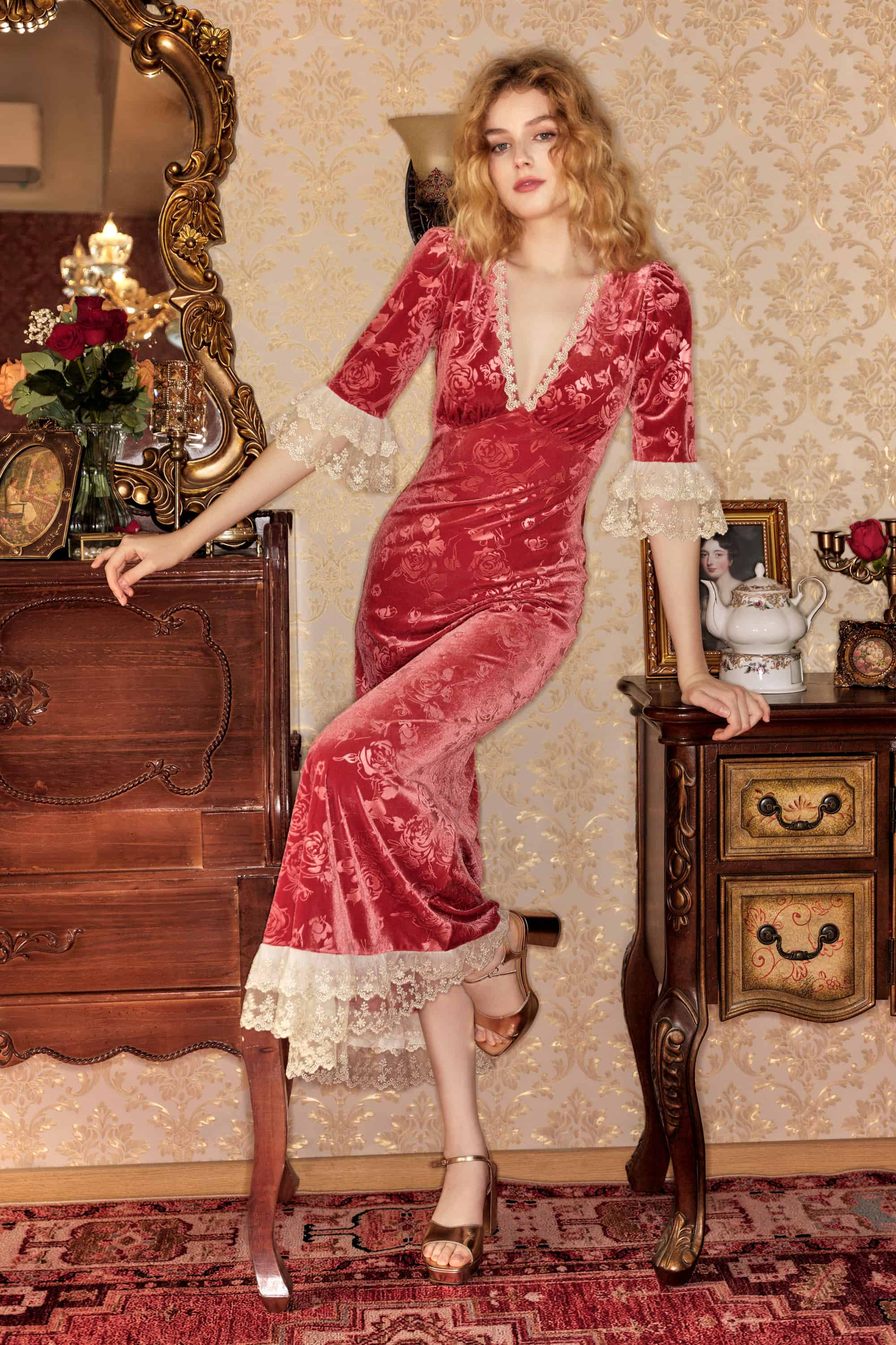 Gwyneth Embossed Velvet Maxi Dress in Vermilion Red | American Heiress