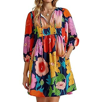 Yousify Womens Summer Dresses Floral Mini Babydoll Dress V Neck Puff Sleeve Loose Fit Boho Beach ... | Amazon (US)
