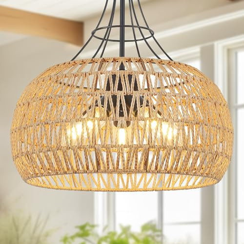 Pavloatu 20" Rattan Farmhouse Chandeliers for Dining Room, 5-Light Boho Rattan Chandelier Light Fixtures with Woven Wicker Lampshade, Rustic Pendant Lighting for Kitchen Island Living Room | Amazon (US)