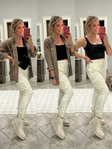 Waffle button-down shirt tts - M “coffee” color 
Cream cargo joggers sooo soft, stretchy, & comfy. TTS - M
Fave cropped amazon tank. Stretchy and comfy. TTS - M black 
Everywhere belt bag dupe

#LTKHoliday #LTKunder50 #LTKGiftGuide