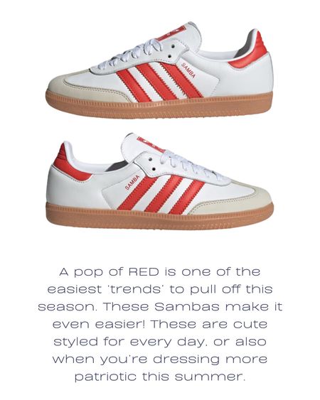 Here are four unique styling ideas for the red stripe Adidas Sambas!

A pop of red is this season’s easiest trend to incorporate into your wardrobe and these sneakers make it even easier. ❣️

#LTKshoecrush #LTKfindsunder100 #LTKSeasonal