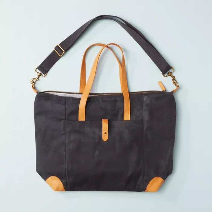 Waxed Canvas &#38; Leather Weekender Tote Bag Dark Gray/Tan - Hearth &#38; Hand&#8482; with Magno... | Target