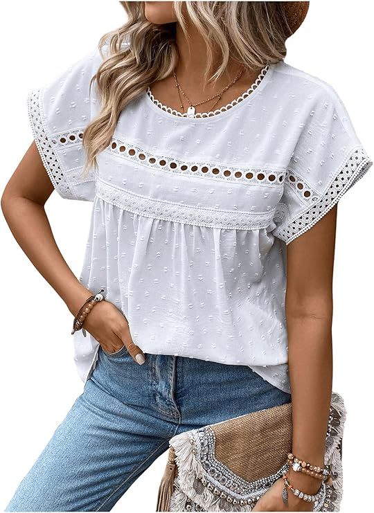 SweatyRocks Women's Casual Short Sleeve Summer Top Round Neck Lace Crochet Blouse Swiss Dots Blou... | Amazon (US)