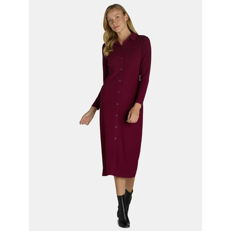 Time and Tru Women's Knit Midi Shirt Dress, Sizes XS-XXXL - Walmart.com | Walmart (US)